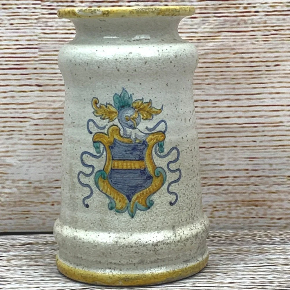 Antique Speckled Ceramic Vase Urn‎ w/ Crest Design Pottery Home Decor Accent